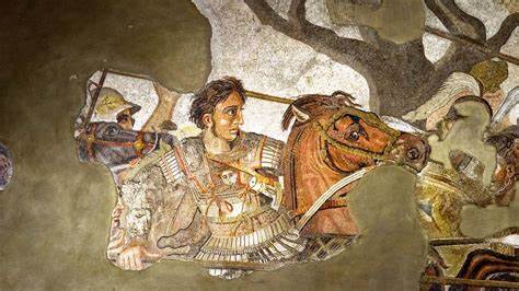 Alexander der Große im Kampf gegen Perserkönig Dareios III.; Ausschnitt aus einem Mosaik in Pompeji