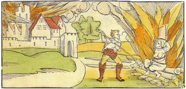 Bildnis von der Verbrennung einer angeblichen Hexe, die 1531 mit gemeinsam dem Teufel in der Stadt Schiltach im Schwarzwald Feuer gelegt haben soll.