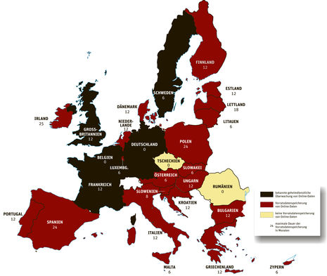 Überblick über Vorratsdatenspeicherung und Geheimdienstüberwachung in der EU. Ein PDF der Karte gibt es hier: https://www.neues-deutschland.de/downloads/EU_Uberwachung.pdf
