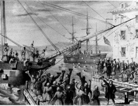 Am 16. Dezember 1773 warfen als Indianer verkleidete Bostoner Teekisten ins Hafenbecken (Lithografie von 1846)