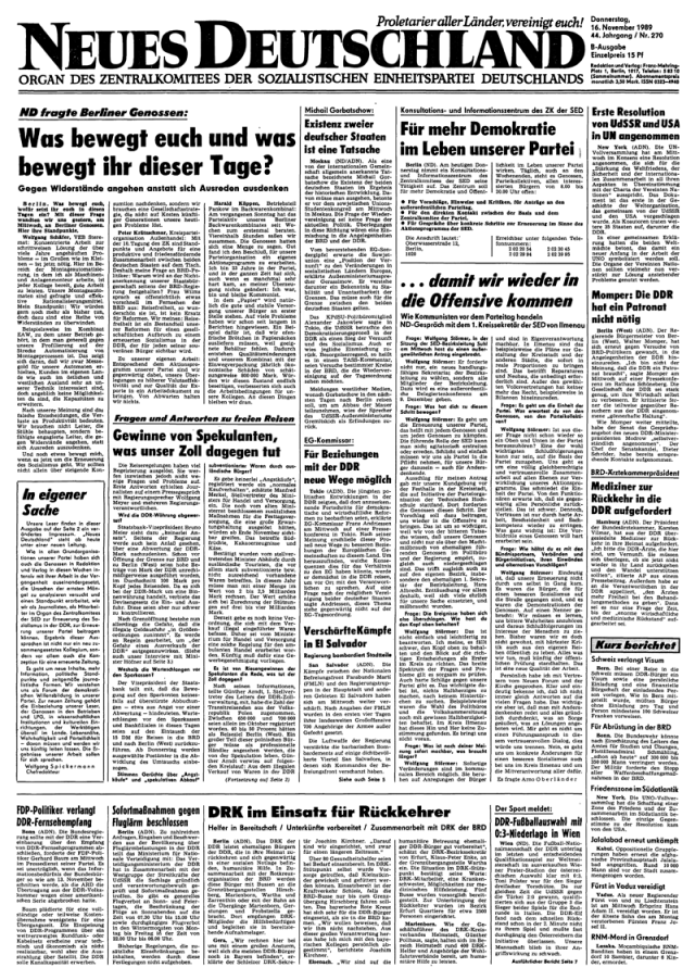 Titelseite vom 16. November 1989