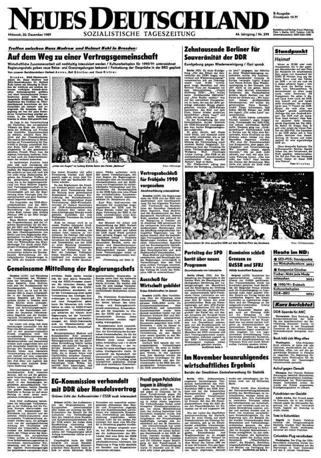 Titelseite vom 20. Dezember 1989, mit neuem Zeitungskopf