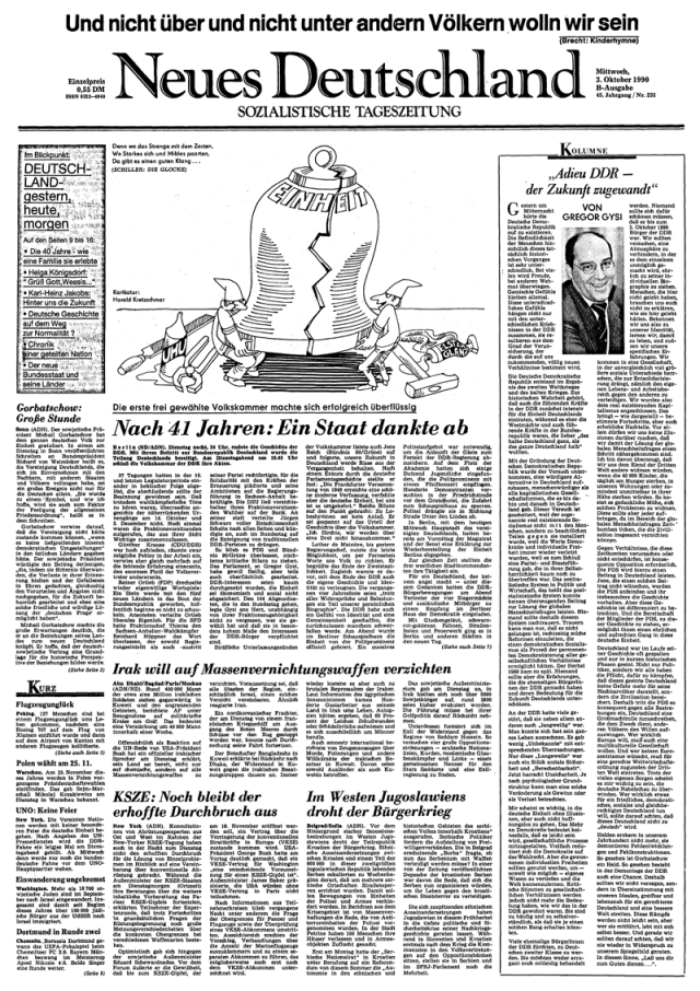 Titelseite vom 3. Oktober 1990, dem Tag an dem die DDR aufhörte zu existieren.