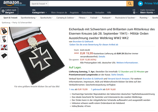 Auch bei Amazon kann man ein Eisernes Kreuz erwerben, allerdings handelt es sich bei dem abgebildeten Artikel nicht um ein Original.