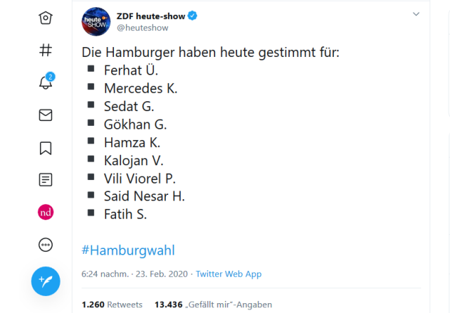Geschmackloser geht es nicht: Ein Tweet der ZDF heute-show kurz nach Bekanntwerden der ersten Hochrechnungen der Bürgerschaftswahl in Hamburg.