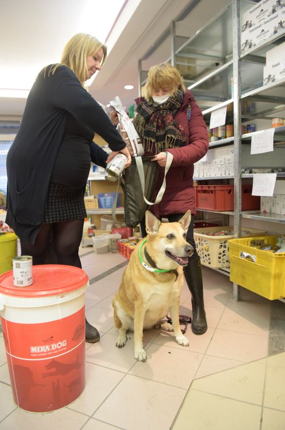 Linda Hüttmann, Vorsitzende der Berliner Tiertafel, übergibt einer Besucherin Futter für ihren Hund.