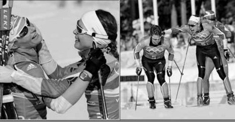 Claudia Nystad (l.) freut sich mit Evi Sachenbacher-Stehle im Ziel, Tim Tscharnke (r.) schickt Axel Teichmann in die letzte Runde. Fotos: dpa