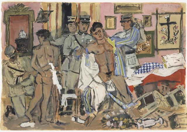 Dieses Bild von Giannis Tsarouchis heißt: „Die Festnahme dreier Kommunisten, die jeder auf eigene Weise reagieren. Der erste ergibt sich, der zweite kämpft, der dritte ist unter dem Bett. Erste Tage der Bewegung, 1944“