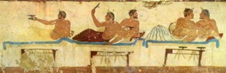 Das Symposion, geselliges Trinken und Essen, stand schon bei den reichen Griechen hoch im Kurs; Fresko 475 v. u. Z.