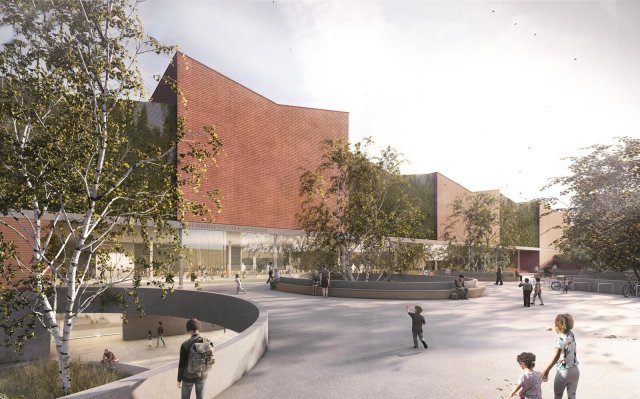 Oh, wie schön ist Bullerbü: Visualisierung der geplanten Gemeinschaftsschule Adlershof, die nun von der landeseigenen Wohnungsbaugesellschaft Howoge errichtet wird.