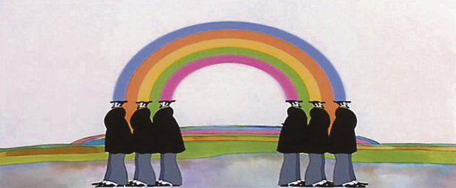 Poppig-bunte Blumenkinder unterm Regenbogen: Standbild aus dem Film Yellow Submarine von 1968.