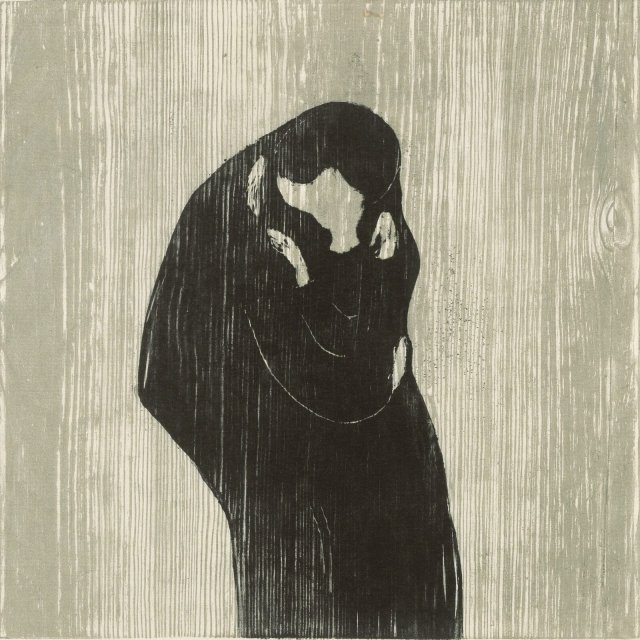 "Der Kuss IV" von Edvard Munch zeigt den Holzschnitt in roher abstrakter Form.