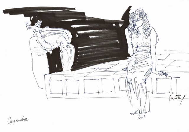Eine Szene aus Christa Wolfs »Kassandra« (1983), gezeichnet von Gerd Hartung für eine Inszenierung der Erzählung am Berliner Rennaissance-Theater im Jahr 1987