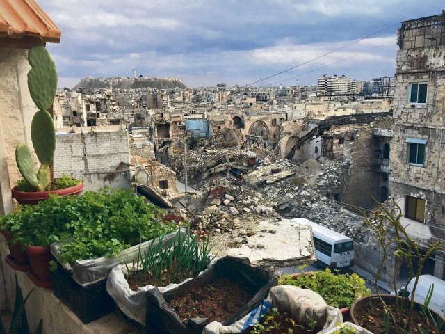Noch liegen weite Teile von Aleppo in Trümmern. Issa Touma baut auf dem Balkon wegen der hohen Lebensmittelpreise Gemüse und Kräuter an.