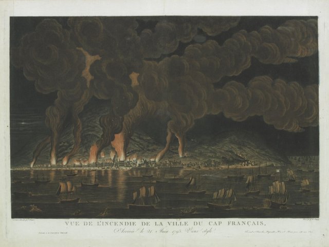 Als in Frankreich die Revolution losgeht, brennt auch die Hauptstadt von Haiti, damals noch Hispaniola. Kolorierter Druck von Jean-Baptiste Chapuy, um 1794.