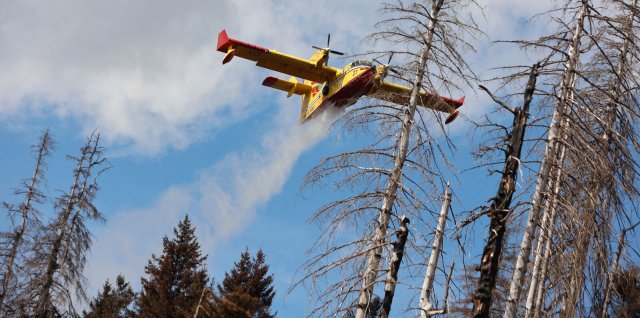 Ein Flugzeug der italienischen Feuerwehr wirft während des Waldbrandes am Brocken Wasser ab.