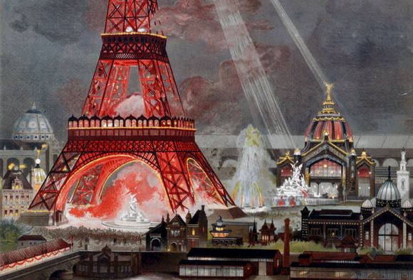 Ausschnitt einer Postkarte, die den beleuchteten Eiffelturm 1889 zeigt.