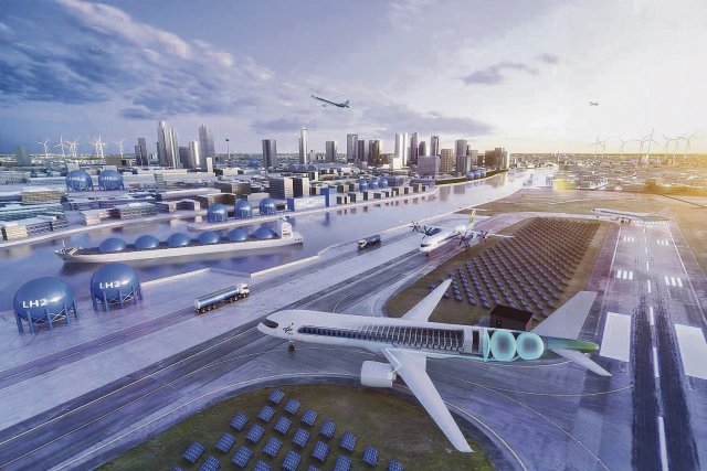 So stellen sich die Verfechter des Was­ser­stoff­antriebs den Flughafen der Zukunft vor.