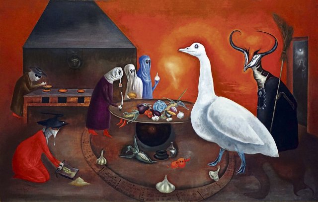 Hier wird etwas zusammengebraut: Leonora Carrington, »Großmutter Moorheads aromatische Küche«, 1975