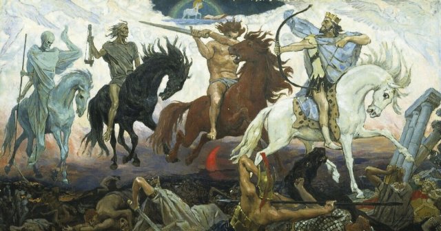 »Die vier apokalyptischen Reiter« des russischen Malers Viktor Michailowitsch Wasnezow (1887): Krieg, Krankheit, Seuchen, Hungertod