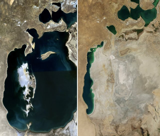 Das wohl krasseste Beispiel schrumpfender Seen: Der Aralsee (links 1989 und rechts 2014)
