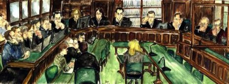 Gericht Berlin-Moabit 2008/09: Prozess gegen drei Antimilitaristen im Hochsicherheitssaal Zeichnung: Ursula Behr
