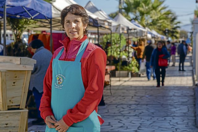 Mónica Henríquez verkauft Honig und das Gemüse ihrer Familie auf dem Markt in Llay-Llay.