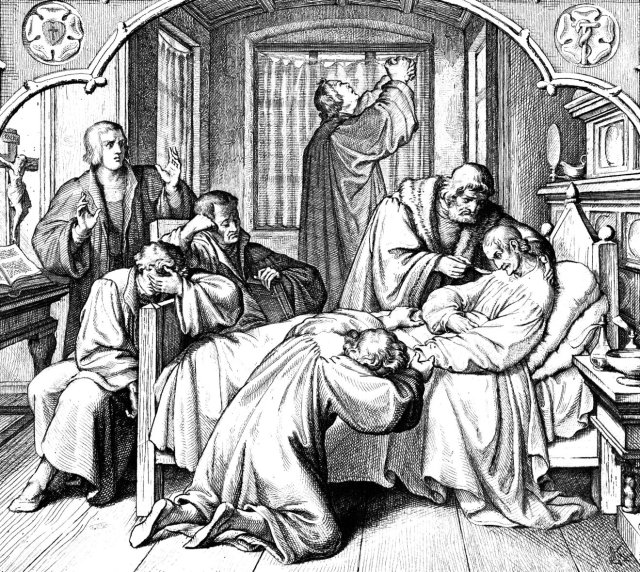 Auch Martin Luther, im Hintergrund betend, befürchtete hier den Tod Melanchthons. Der überlebte den Glaubensbruder jedoch um 14 Jahre.