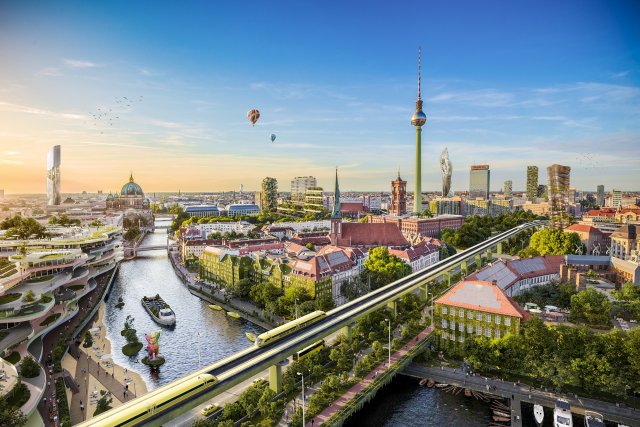 Blick auf die Berliner Skyline in einer real-utopischen Zukunftsvision