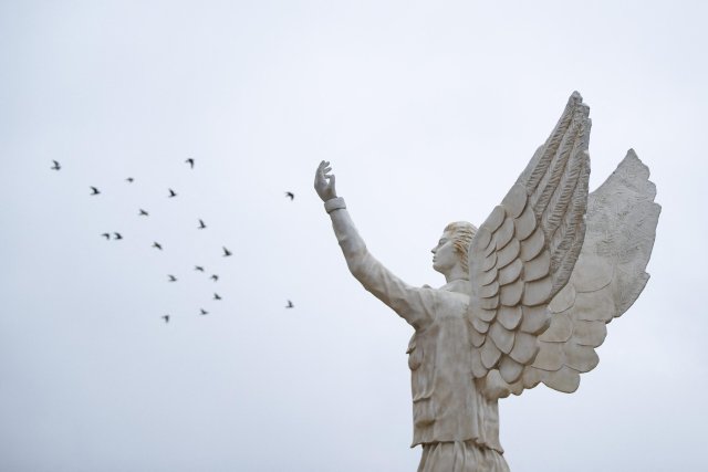 Vögel fliegen über der Statue der »Freien Frau« auf dem gleichnamigen Platz in der mehrheitlich von Kurden bewohnten nordsyrischen Stadt Kobanê während einer Kundgebung zum »Internationalen Tag zur Beseitigung von Gewalt gegen Frauen«.