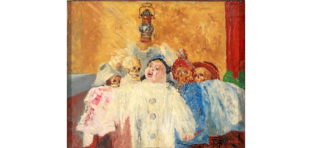 Die Mischung aus zarten Pastell- und satten Primärfarben ist charakteristisch für Ensors Werk: »Pierrot und Skelette«, Öl auf Leinwand, 1905