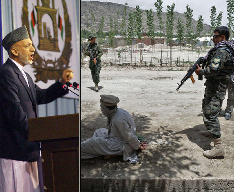 Drinnen predigt Pr&#228;sident Karsai Vers&#246;hnung, drau&#223;en wird ein Taliban-Attent&#228;ter verhaftet. Fotos: dpa; AFP