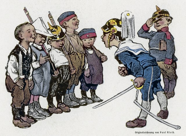 Karikatur von Paul Rieth (1871–1925) auf die Wehrertüchtigung der Jugend in Deutschland
