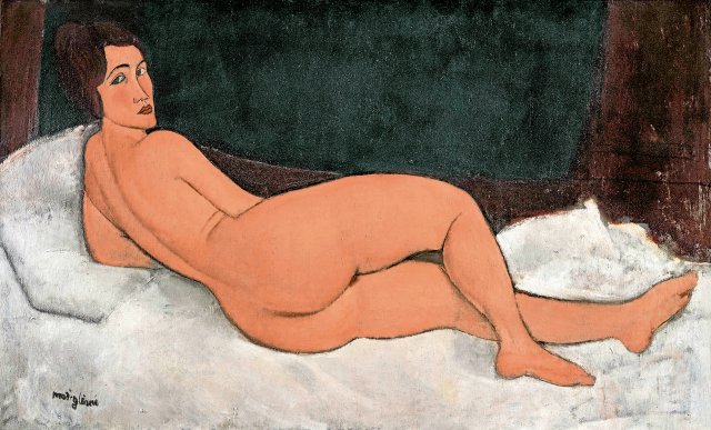 Dieses Gemälde entstand 1917, als Modiglianis Kunst einen Skandal auslöste: »Auf der Seite liegender Frauenakt«, Öl auf Leinwand