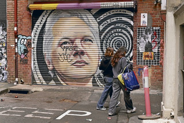 Wandbild von Julian Assange in Meibourne in Australien, dem Heim...