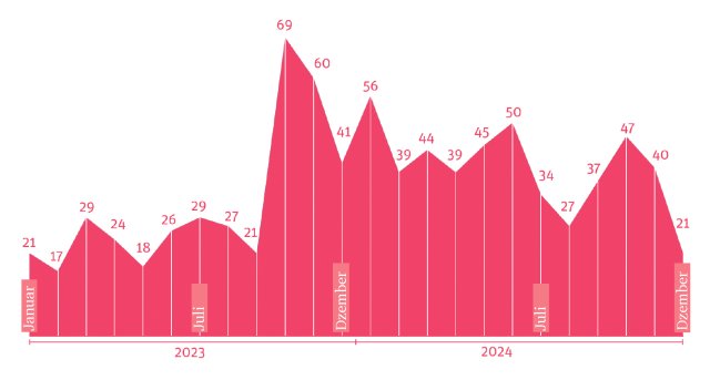 Antimuslimische Vorfälle 2023 und 2024 pro Monat (absolute Zahlen)