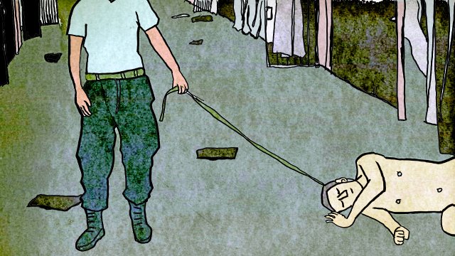 Die US-Soldatin Lynndie England hält 2004 im irakischen Gefängnis Abu Ghraib einen nackten Mann an einer um den Hals gebundenen Leine fest.