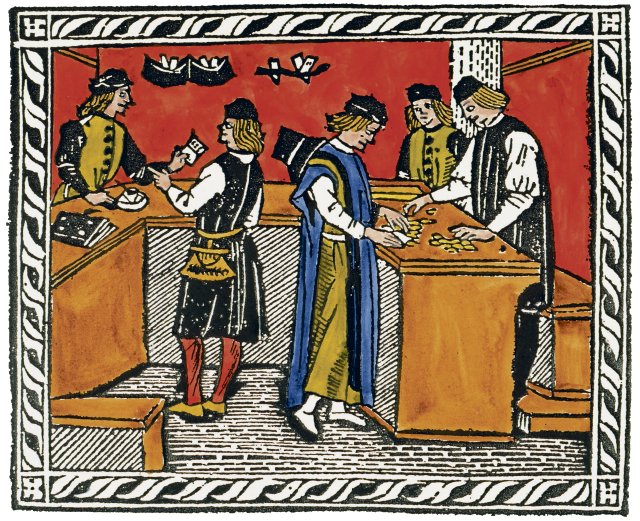 Darstellung des Geldsystems aus dem 15. Jahrhundert. Bis heute hält sich die Vorstellung, in der Bank würde Geld lediglich gesammelt und verteilt.