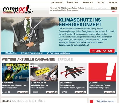 Übersicht über laufende Kampagnen auf der Campact-Webseite www.campact.de.