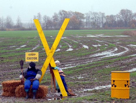 Großes X und Strohpuppen als Zeichen des Protests – hier auf einem Feld an einer Landstraße, die nach Dannenberg führt.