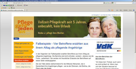 Die Internetseite des Sozialverbandes VdK: www.pflege-geht-jeden-an-de. ND-screenshot: Wolfgang Frotscher