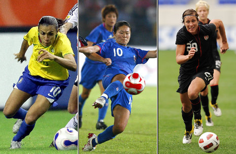 Gro&#223;e Ambitionen: Brasiliens Marta, die Japanerin Homare Sawa und Abby Wambach (USA) v. l. Fotos: dpa (2), AFP