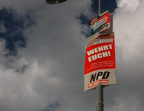 Wo die NPD klebt, ist der Storch (s.u.) nicht weit: Heinar- und Neonazi-Plakate in Rostock.
