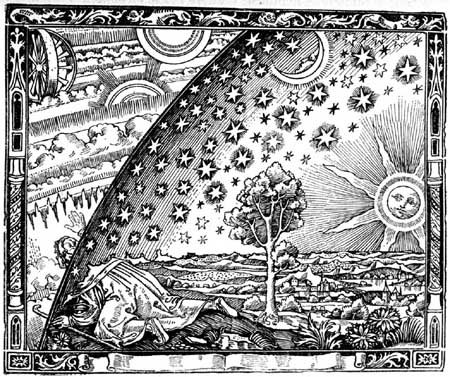 Himmelskunde für das Volk; Holzstich des französischen Astronomen Nicolas Camille Flammarion zu einem seiner populärwissenschaftlichen Bücher, 1888