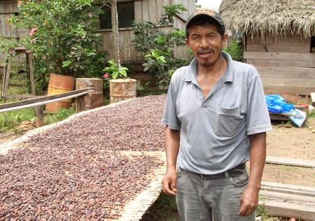 Pedro Condore ist 47 Jahre alt und Vater von sieben Kindern. Er baut Kakao auf fünf Hektar Fläche an und hat gerade mit der Ernte der Kakaofrüchte begonnen.
