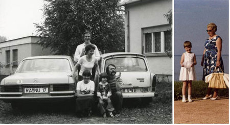 Familie Heuser (BRD) und Familie Szirmai (DDR) 1980 am Balaton (li.), Strandszene von 1963