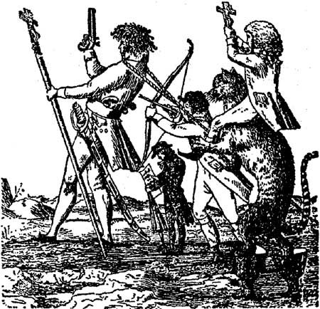 Ludwig Tieck – mit erhobenem Kruzifix auf dem gestiefelten Kater reitend – beim Versuch, auf den Parnaß zu gelangen