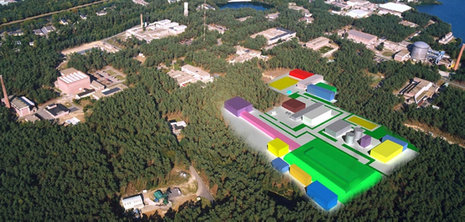Luftbild des belgischen Kernforschungszentrums SCK-CEN mit schematischem Bild des Myrrha-Reaktors (rechts vorn)
