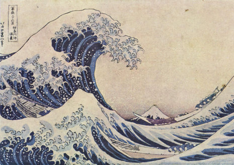 Katsushika Hokusai: &#187;Die gro&#223;e Woge&#171;, aus der Serie der 36 Ansichten des Fudschijama, Farbholzschnitt, 246 x 362 (Ausschnitt)