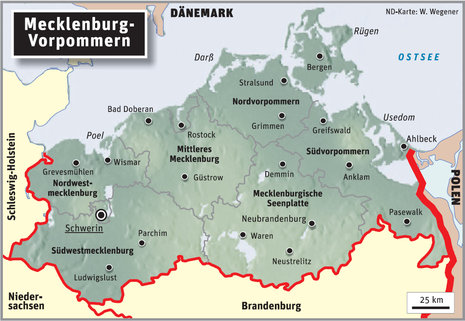 Übersichtlich sieht sie aus, die neue politische Karte von Mecklenburg-Vorpommern. Nur die tatsächlichen Kreisnamen stehen noch nicht fest; auf der nebenstehenden Karte sind die »Arbeitstitel« eingetragen.